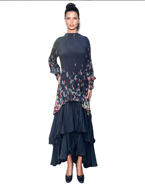 Long Sleeve Multi Layer Dress - DR1298 Black Print